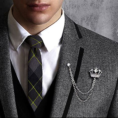 Mens Crown Tassel Chain Brooch Lapel Pin For Coat Suit Silver S7b4