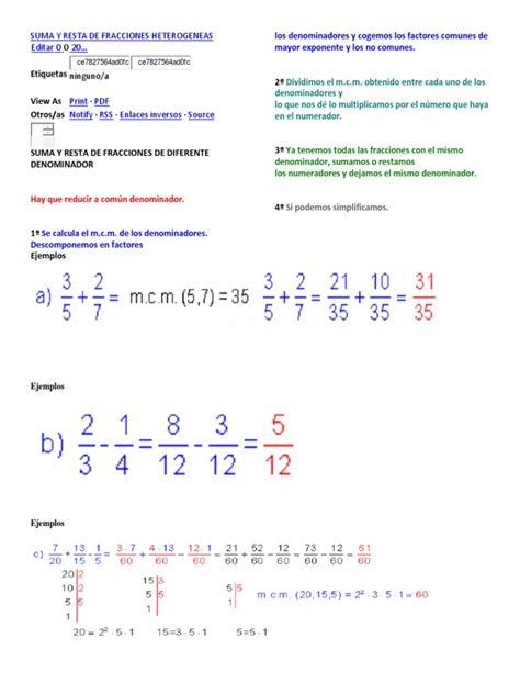 Suma Y Resta De Fracciones Heterogeneas Fracción Matemáticas
