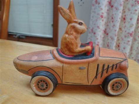 Vaillancourt Folk Art Chalkware Rabbit Driving 37 Lincoln 9918