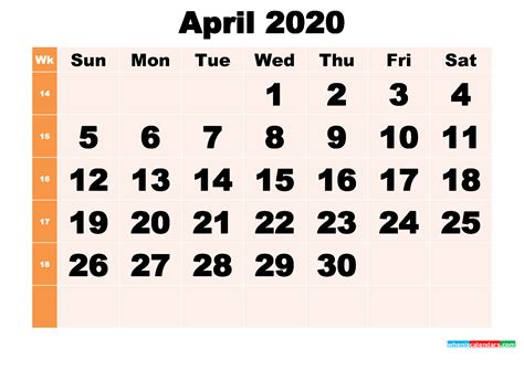 Free Printable April 2020 Calendar Template Word Pdf