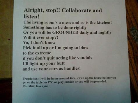 This pdf book include honesty poems for kids guide. Mom's Vanilla Ice Note: Clean The House Or Else (PHOTO)