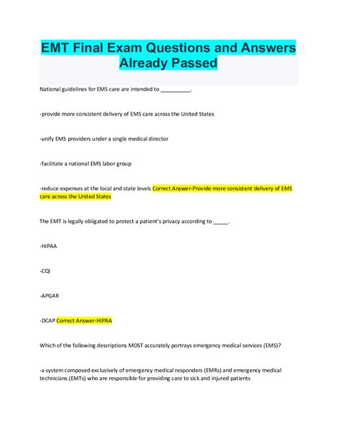 EMT Final Exam Questions and Answers Already Passed | Exam, Emergency