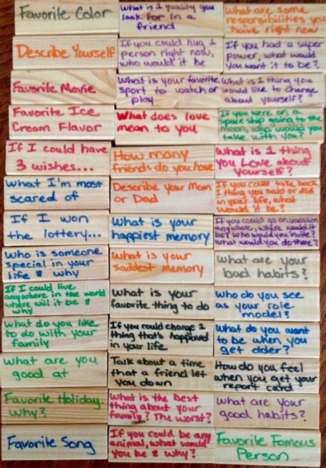 My daughter's kindergarten teacher read this on. Conversation Jenga- Write conversation topics on Jenga ...