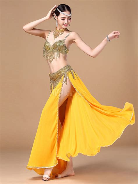 Belly Dance Costume Gold Chiffon Sexy High Split Belly Dancing Long Skirts And Top Milanoo Com