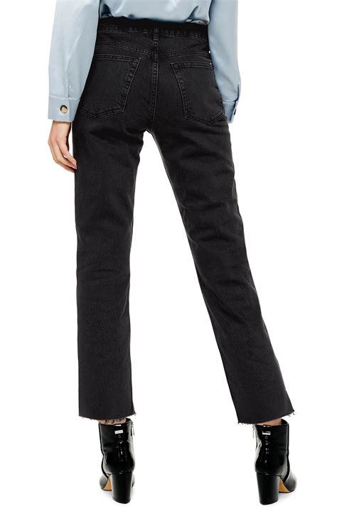 Topshop Denim High Waist Split Hem Straight Leg Jeans In Washed Black