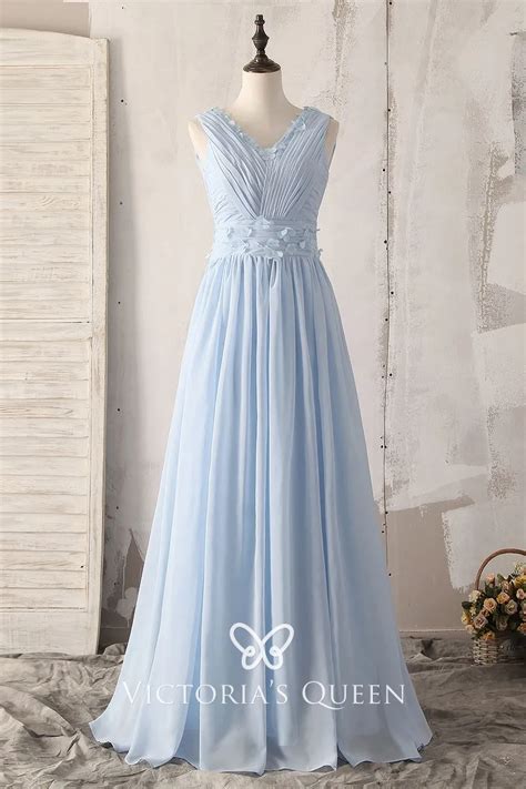 Light Blue Chiffon Petals Decorated V Neck A Line Dress Vq