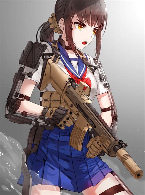 Safebooru 1girl Assault Rifle Blue Skirt Brown Eyes Brown Hair Exoskeleton Fang Finger On