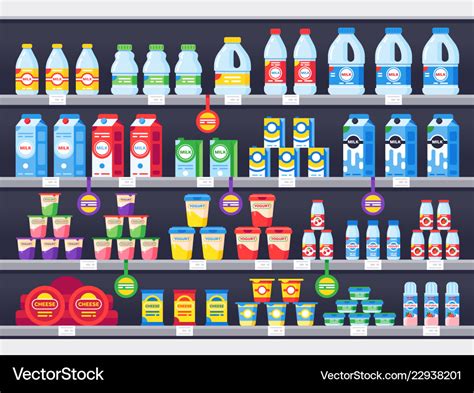 Shop Shelf With Milk Products Dairy Grocery Store Vector Image