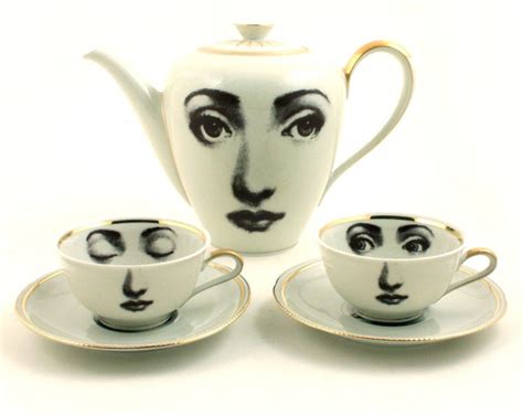 Unique Tea Set Teapot 2 Cups Vintage Altered Woman Eyes Face Porcelain Lina Cavalieri Tea Coffee