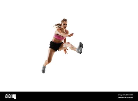 In Jump Caucasian Professional Female Athlete Runner Training Isolated On White Studio