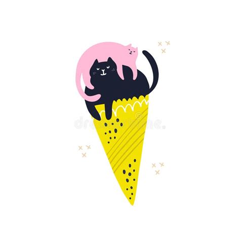 Cats In Ice Cream Cone Hand Drawn Illustration Stock Vector