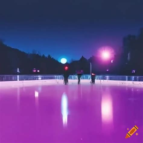 Magenta winter arena with ice rink and happy people