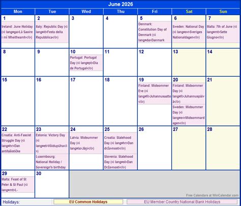 June 2026 Eu Calendar With Holidays For Printing Image