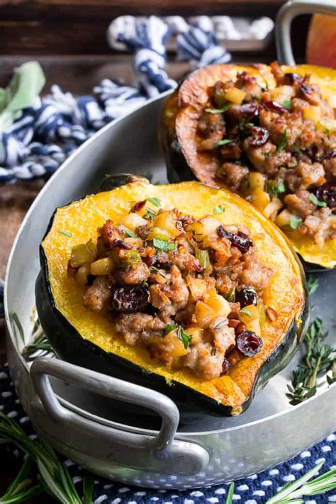 Stuffed Acorn Squash With Sausage Apples And Cranberries Paleo