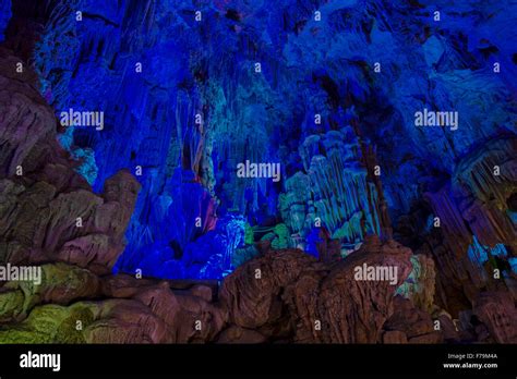 Reed Flute Caves Lit By Coloured Lights Guilin Region Guangxi China