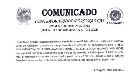 DIÁLOGO EDUCATIVO AZÁNGARO COMUNICADO CONVOCATORIA DE PERSONAL CAS RVM