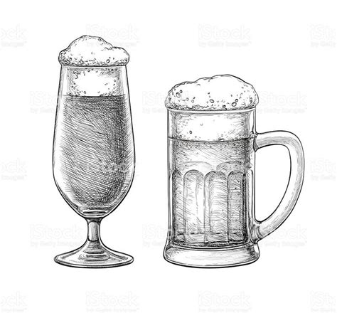 Beer glass and beer mug isolated on white background. Hand drawn
