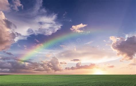 Rainbow At Sunset And Sun Beam On Blue Pink Sky Yellow Clouds Skyline