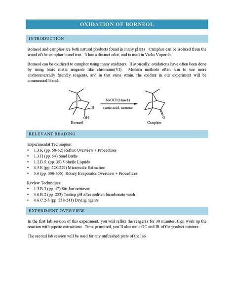 Oxidation Of Borneol To Camphor Lab Report Docsity