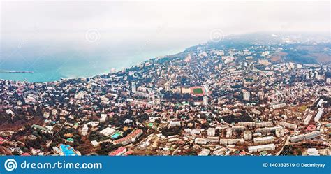Aerial Panorama Of Winter Yalta Old European City On Black Sea Town