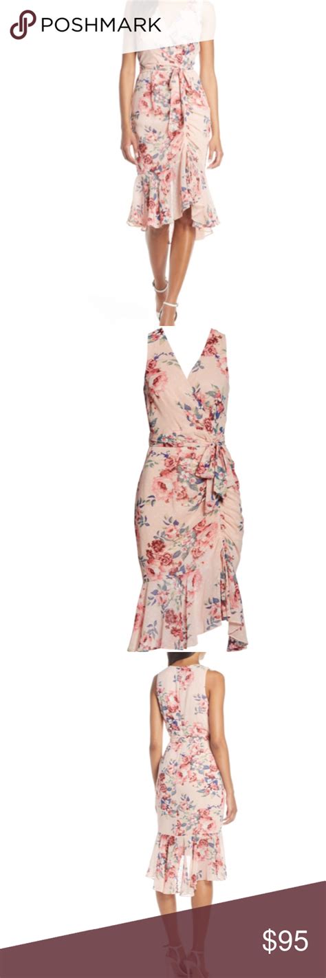 eliza j pink floral ruched chiffon faux wrap dress in 2020 faux wrap dress dresses wrap dress