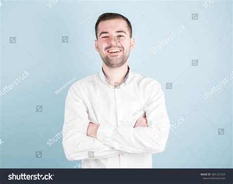 Happy Cheerful Young Brunette Businessman Arms Stock Photo 1891291033