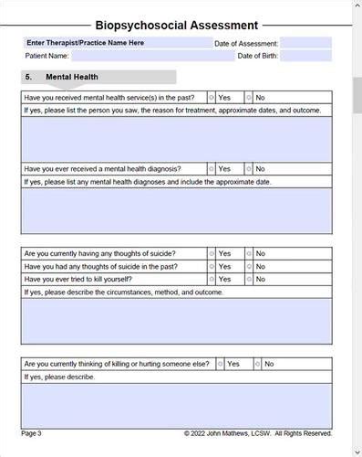 Biopsychosocial Assessment Template Pdf Fillable And Editable Therapy