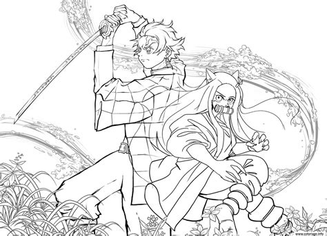 Coloriage Tanjiro And Nezuko In Battle Demon Slayer JeColorie