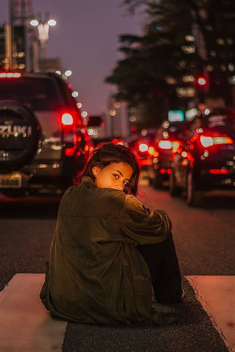 Hd Wallpaper Woman Sitting On Road During Night Time Adolescent