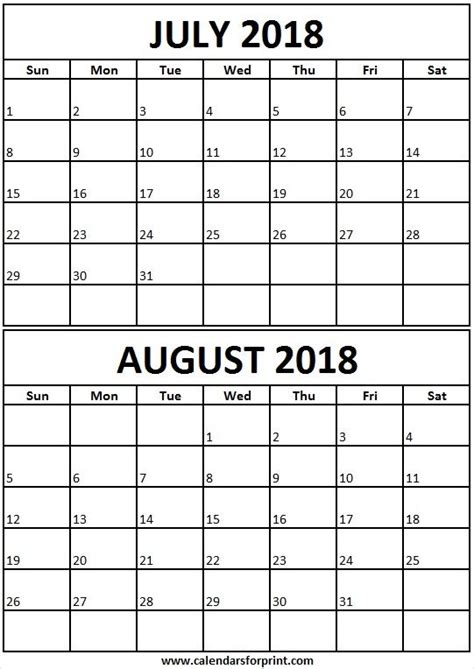 July August Printable Calendar