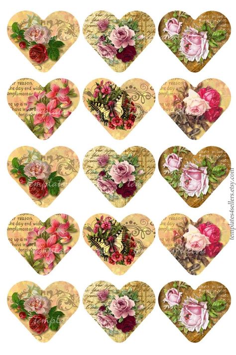 Digital Collage Sheet Vintage Roses 1 Inch Heart Shape Images Etsy
