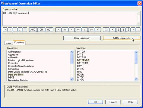 Check spelling or type a new query. 26099 - Creating Columns Using Functions in the Expression Editor of SAS Enterprise Guide