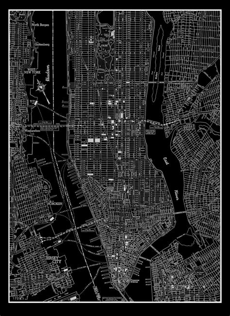 New York City Manhattan Street Map Vintage Black Print Poster Etsy