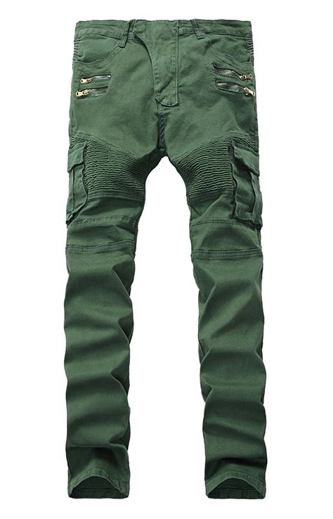 men s biker skinny slim fit stretch crinkle cargo pants denim jeans army green cq185gw9yya