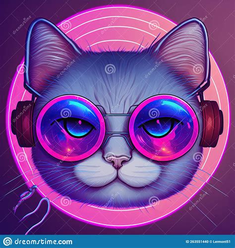 Cool Neon Party Cat In Headphones And Glasses Generative Ai Not Based