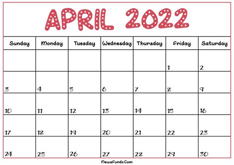Calendar For April 2022 Printable Printable Word Searches