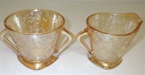 Jeannette Glass Louisa Floragold Louisa Iridescent Open Sugar And Creamer Footed Ebay