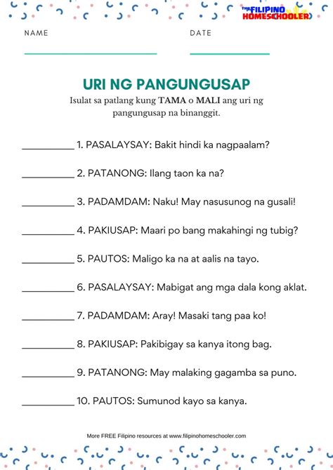 Uri Ng Pangungusap Worksheets The Filipino Homebabeer