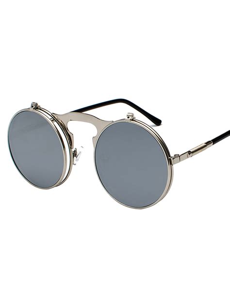 Lallcas Men Steampunk Sunglasses Round Metal Retro Circular Flip Up