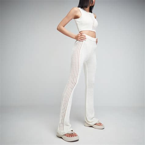 Missguided Co Ord Contrast Knit Flared Trousers Cream