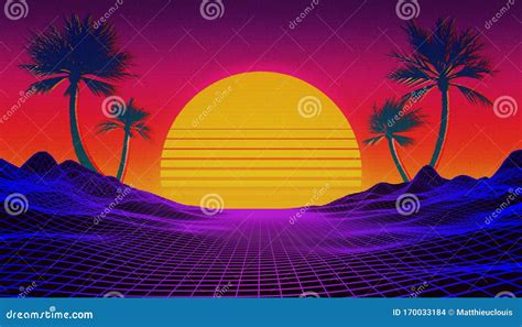 Retrowave Synthwave Or Vaporwave 80 S Landscape With Neon Light Grid