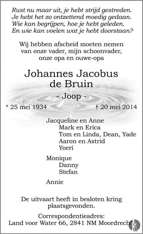 Johannes Jacobus Joop De Bruin 20 05 2014 Overlijdensbericht En