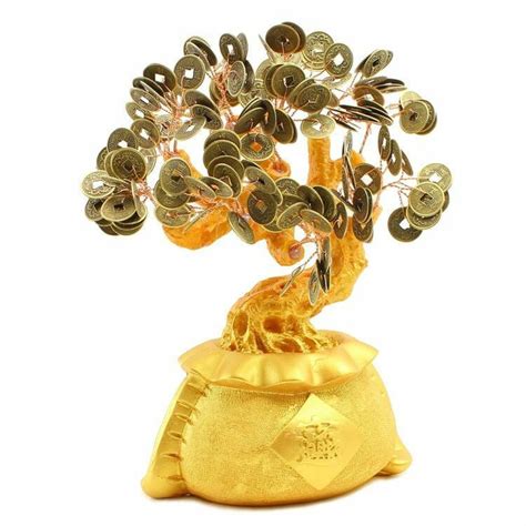 Large 9 Feng Shui Gold Money Tree Gold Coin Fortune Bag Pot Prosperous