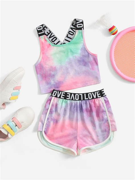 Shein Kids Hypeme Young Girl Letter Tape Tie Dye Crop Tank Top