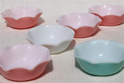 Vintage Hazel Atlas Crinoline Pink Aqua Ripple Milk Glass Bowls Or