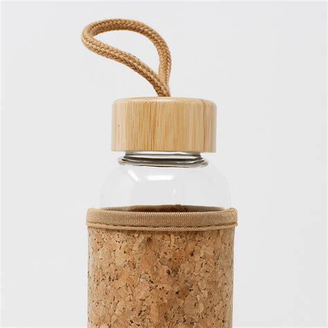 Reusable Glass Water Bottle With Cork Sleeve And Bamboo Lid Eco Bravo Uk