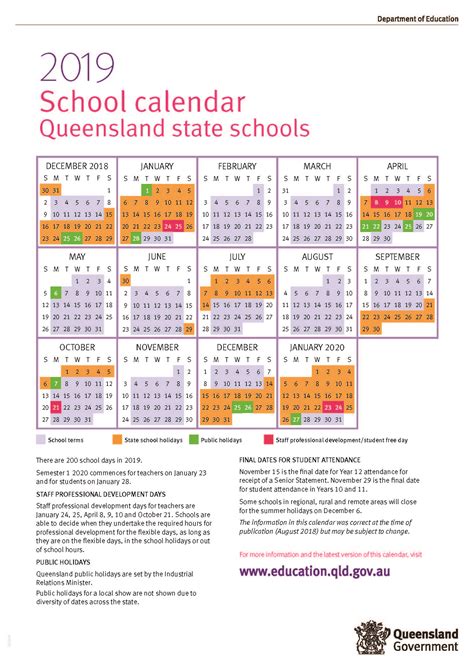 2019 Queensland State School Calendar