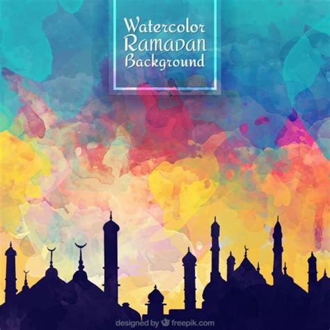 Free Vector Watercolor Colored Sky With Silhouettes Ramadan Background