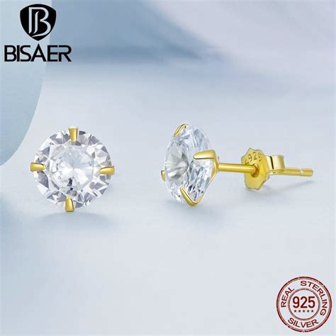 BISAER Sterling Silver Stud Earrings Classic CZ Round Cubic Colors Hypoallergenic MM