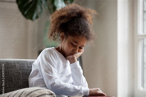 Upset Little African American Girl Feels Hurt Sad Bored Sitting Alone